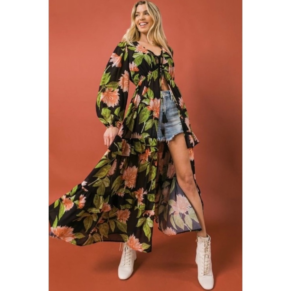 Flying Tomato Tropical Print Long Sleeve Maxi Top - Picture 7 of 9